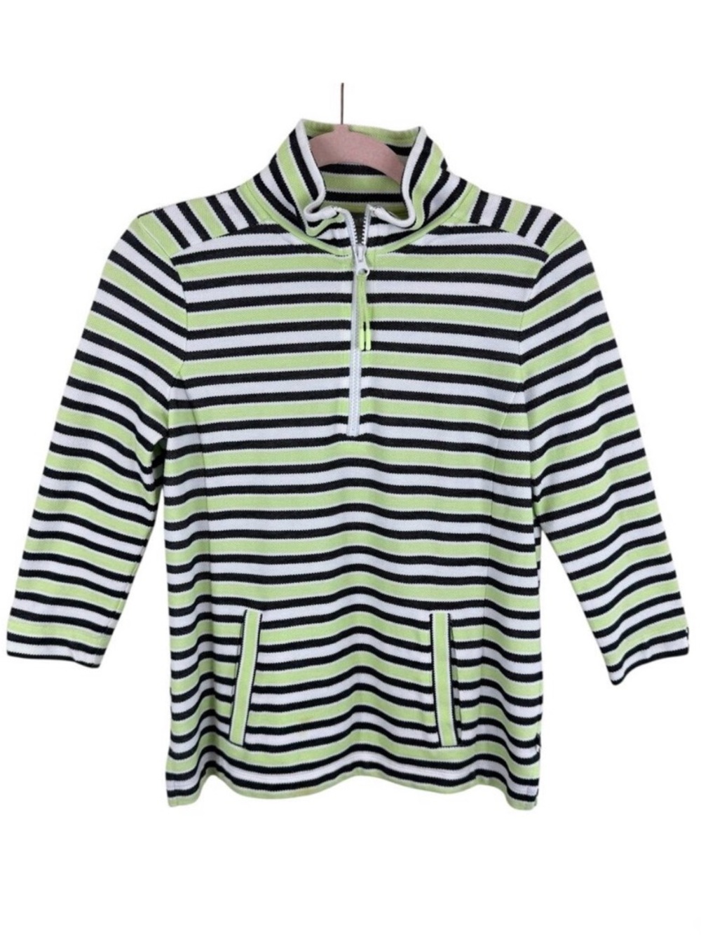 T By Talbots Cotton Striped Terry Cloth 1/4 Zip Top‎ Small